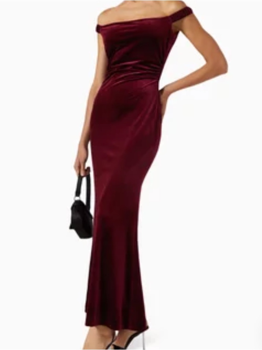 Reformation Off-the-Shoulder Velvet Gown in Wine